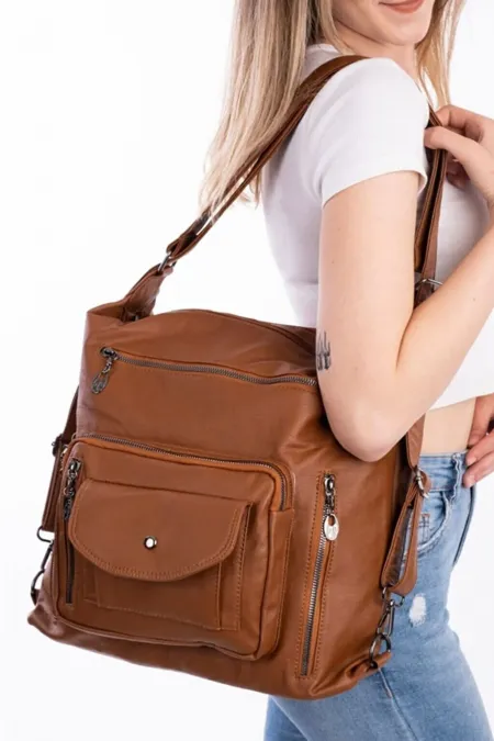 Multi-Compartment Women's Backpack Tan Washable Leather